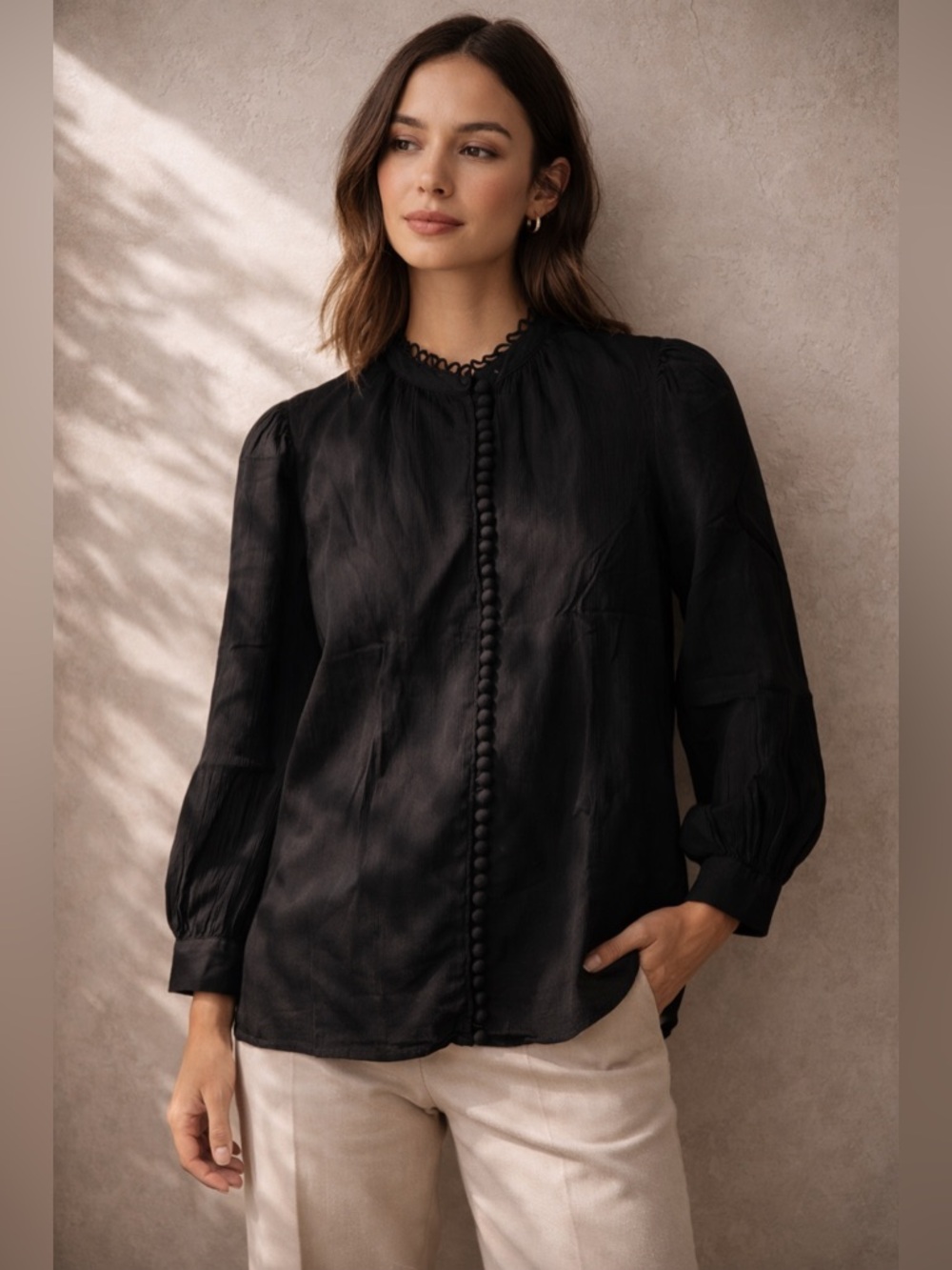 SUNDAYS Cora Cotton Gauze Blouse Black XS Button Front NWT